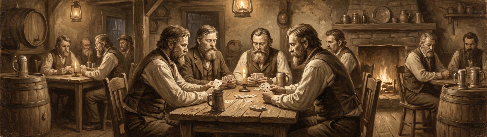 German immigrants playing cards in a 1800s Wisconsin tavern - oil painting style